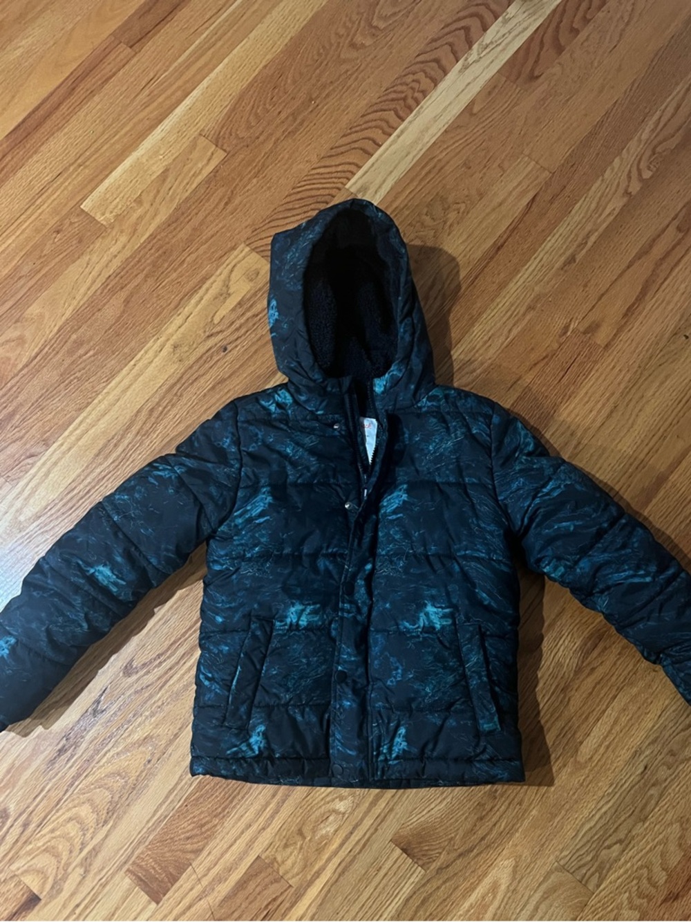 Cat & Jack Black Hooded Puffer Jacket with Camo Accents